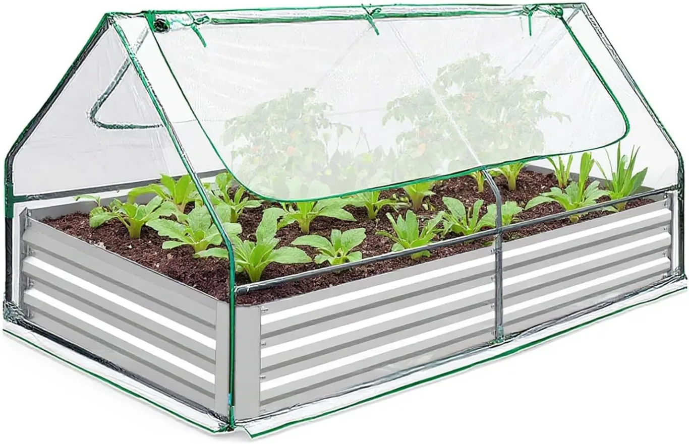 Hochbeet mit Gewächshaus, Pflanzkasten Winterfest mit Foliengewächshaus, Hochbeet aus Verzinktem für Garten mit Abdeckung und Sichtfenster, Treibhaus für Kräuter Blumen, 180x90x90cm - Bild 1