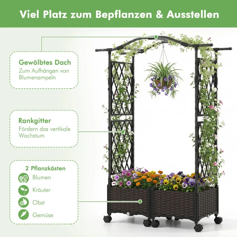 COSTWAY Blumenkasten mit Rankgitter & hängendem Dach, 2 in 1 Rosenbogen mit 2 Pflanzkästen, Gartenbogen auf Rollen, Metall und PP, Rankkasten mit Spalier für Kletterpflanzen, Gartenspalier (Braun) – Bild 5