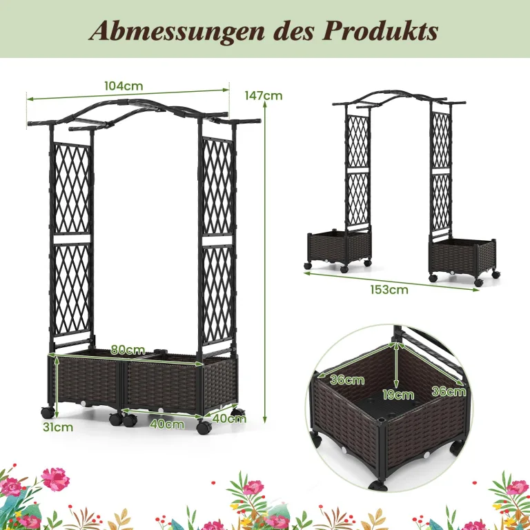COSTWAY Blumenkasten mit Rankgitter & hängendem Dach, 2 in 1 Rosenbogen mit 2 Pflanzkästen, Gartenbogen auf Rollen, Metall und PP, Rankkasten mit Spalier für Kletterpflanzen, Gartenspalier (Braun) – Bild 6