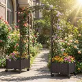 COSTWAY Blumenkasten mit Rankgitter & hängendem Dach, 2 in 1 Rosenbogen mit 2 Pflanzkästen, Gartenbogen auf Rollen, Metall und PP, Rankkasten mit Spalier für Kletterpflanzen, Gartenspalier (Braun) - Thumbnail 9
