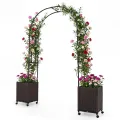 COSTWAY Blumenkasten mit Rankgitter & hängendem Dach, 2 in 1 Rosenbogen mit 2 Pflanzkästen, Gartenbogen auf Rollen, Metall und PP, Rankkasten mit Spalier für Kletterpflanzen, Gartenspalier (Braun) - Thumbnail 10