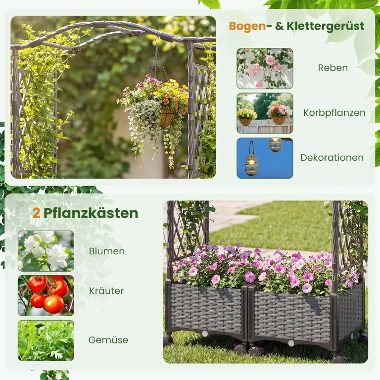 COSTWAY Blumenkasten mit Rankgitter & hängendem Dach, 2 in 1 Rosenbogen mit 2 Pflanzkästen, Gartenbogen auf Rollen, Metall und PP, Rankkasten mit Spalier für Kletterpflanzen, Gartenspalier (Grau) – Bild 5