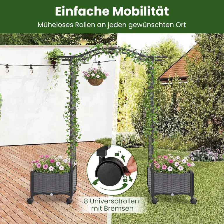 COSTWAY Blumenkasten mit Rankgitter & hängendem Dach, 2 in 1 Rosenbogen mit 2 Pflanzkästen, Gartenbogen auf Rollen, Metall und PP, Rankkasten mit Spalier für Kletterpflanzen, Gartenspalier (Grau) – Bild 6