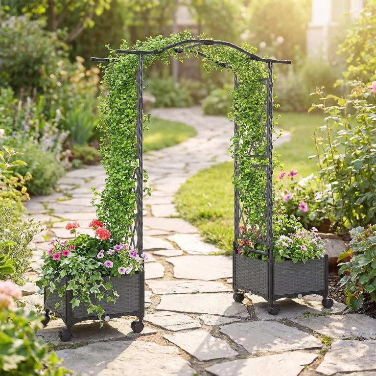 COSTWAY Blumenkasten mit Rankgitter & hängendem Dach, 2 in 1 Rosenbogen mit 2 Pflanzkästen, Gartenbogen auf Rollen, Metall und PP, Rankkasten mit Spalier für Kletterpflanzen, Gartenspalier (Grau) – Bild 3