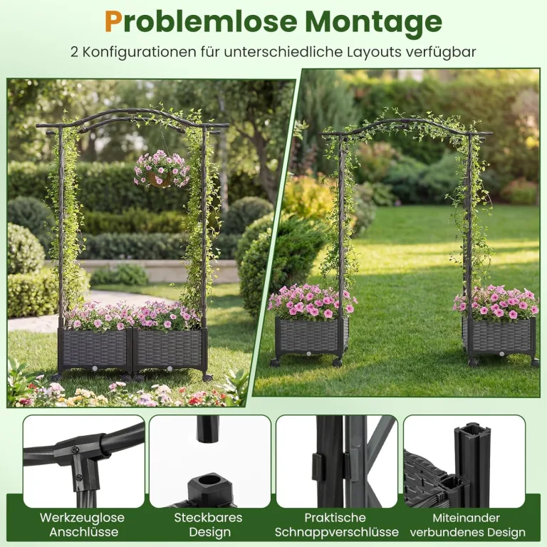 COSTWAY Blumenkasten mit Rankgitter & hängendem Dach, 2 in 1 Rosenbogen mit 2 Pflanzkästen, Gartenbogen auf Rollen, Metall und PP, Rankkasten mit Spalier für Kletterpflanzen, Gartenspalier (Grau) – Bild 4