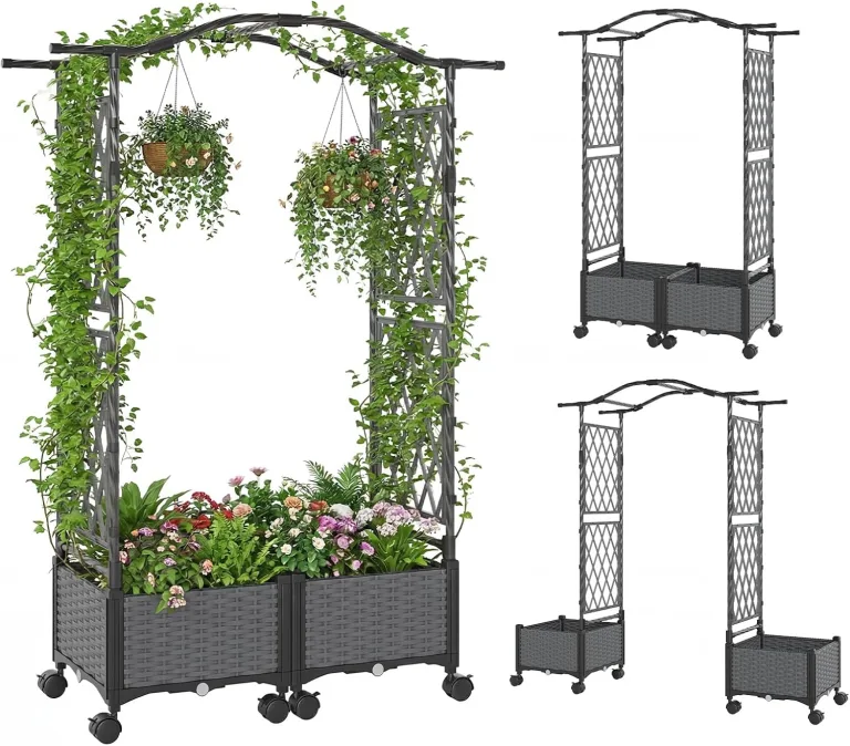 COSTWAY Blumenkasten mit Rankgitter & hängendem Dach, 2 in 1 Rosenbogen mit 2 Pflanzkästen, Gartenbogen auf Rollen, Metall und PP, Rankkasten mit Spalier für Kletterpflanzen, Gartenspalier (Grau) – Bild 1