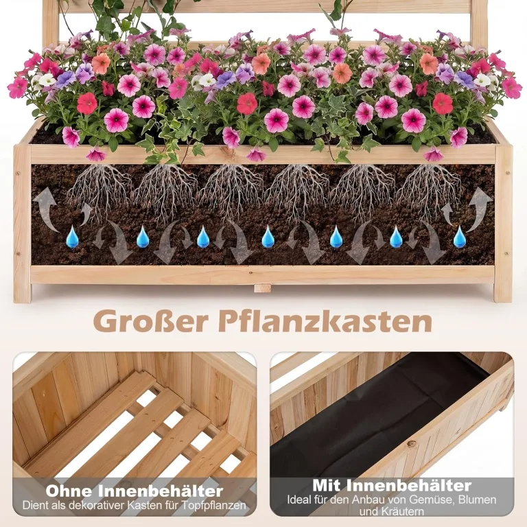 COSTWAY Blumenkasten mit Rankgitter, Pflanzkasten für Kletterpflanzen, Hochbeet mit Spalier, Liner & Entwässerung, Blumenkübel für Garten Balkon, Gartenspalier Rankkasten Holz, 90x35x150cm (Natur) – Bild 7