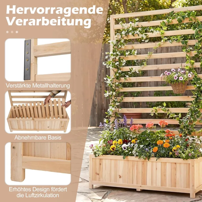 COSTWAY Blumenkasten mit Rankgitter, Pflanzkasten für Kletterpflanzen, Hochbeet mit Spalier, Liner & Entwässerung, Blumenkübel für Garten Balkon, Gartenspalier Rankkasten Holz, 90x35x150cm (Natur) – Bild 9