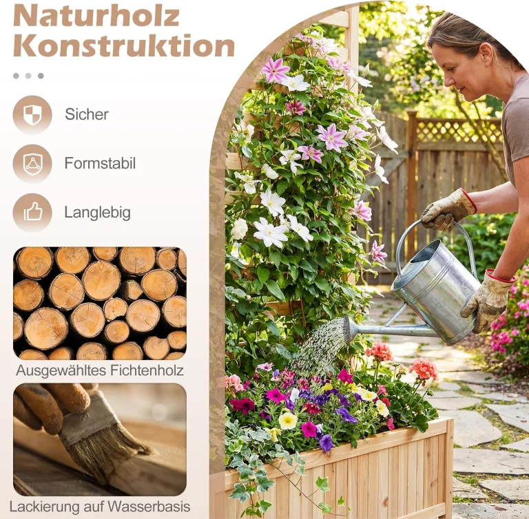 COSTWAY Blumenkasten mit Rankgitter, Pflanzkasten für Kletterpflanzen, Hochbeet mit Spalier, Liner & Entwässerung, Blumenkübel für Garten Balkon, Gartenspalier Rankkasten Holz, 90x35x150cm (Natur) – Bild 5