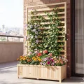 COSTWAY Blumenkasten mit Rankgitter, Pflanzkasten für Kletterpflanzen, Hochbeet mit Spalier, Liner & Entwässerung, Blumenkübel für Garten Balkon, Gartenspalier Rankkasten Holz, 90x35x150cm (Natur) - Thumbnail 4