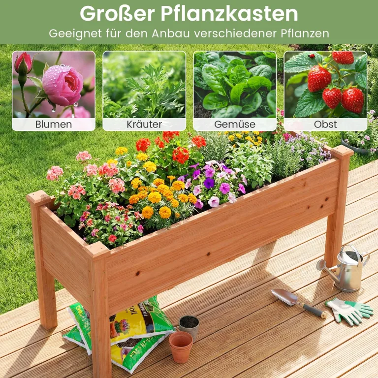 COSTWAY Hochbeet aus Holz, Pflanzbeet für Kinder, 120x43,5x51cm, Pflanztrog belastbar bis 100 kg, Blumenkübel mit Ablauflöchern, Kräuterbeet rechteckig, Anzuchtbeet Garten Terrasse Balkon, Orange – Bild 2