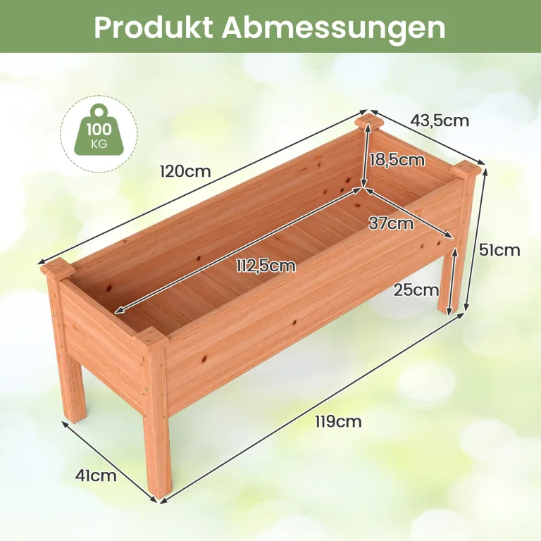 COSTWAY Hochbeet aus Holz, Pflanzbeet für Kinder, 120x43,5x51cm, Pflanztrog belastbar bis 100 kg, Blumenkübel mit Ablauflöchern, Kräuterbeet rechteckig, Anzuchtbeet Garten Terrasse Balkon, Orange – Bild 3