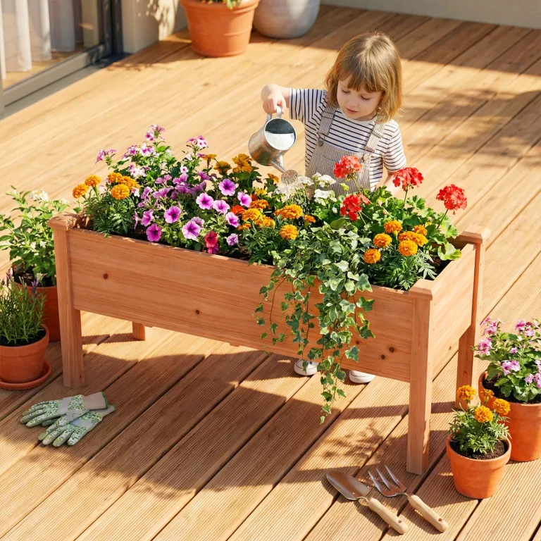 COSTWAY Hochbeet aus Holz, Pflanzbeet für Kinder, 120x43,5x51cm, Pflanztrog belastbar bis 100 kg, Blumenkübel mit Ablauflöchern, Kräuterbeet rechteckig, Anzuchtbeet Garten Terrasse Balkon, Orange – Bild 7