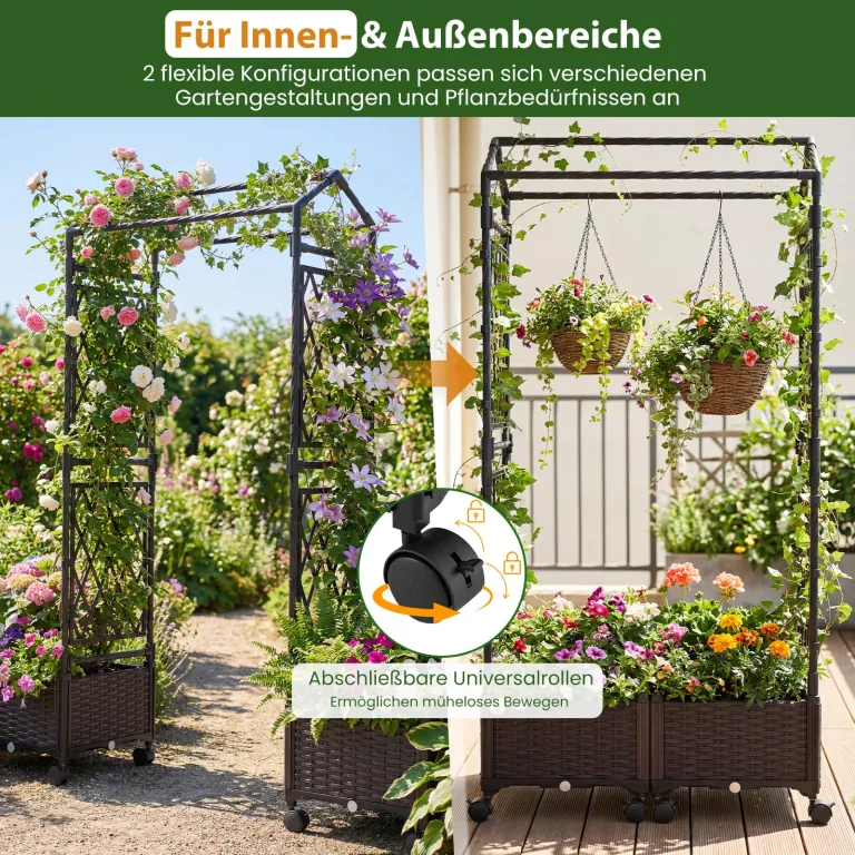 COSTWAY Blumenkasten mit Rankgitter & hängendem Dach, 163 cm, 2 in 1 Rosenbogen mit 2 Pflanzkästen, Gartenbogen auf Rollen, Metall & PP-Rattan, Rankkasten mit Spalier, für Kletterpflanzen (Braun) – Bild 5