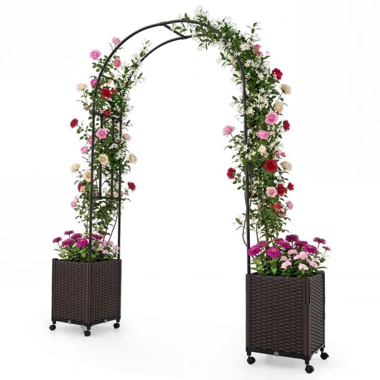 COSTWAY Blumenkasten mit Rankgitter & hängendem Dach, 163 cm, 2 in 1 Rosenbogen mit 2 Pflanzkästen, Gartenbogen auf Rollen, Metall & PP-Rattan, Rankkasten mit Spalier, für Kletterpflanzen (Braun) – Bild 10