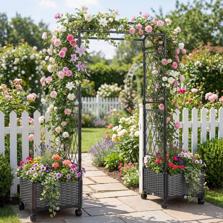 COSTWAY Blumenkasten mit Rankgitter & hängendem Dach, 163 cm, 2 in 1 Rosenbogen mit 2 Pflanzkästen, Gartenbogen auf Rollen, Metall & PP-Rattan, Rankkasten mit Spalier, für Kletterpflanzen (Grau) – Bild 2