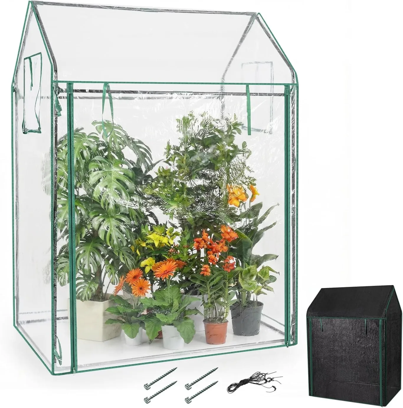 COSTWAY Tomatengewächshaus klein 129 x 80 x 173 cm, Tragbarer Foliengewächshaus mit schwarzem Sonnenschutznetz, PVC-Folie, Tür, Fenster & Erdnägel, Gewächshaus für Garten & Balkon - Bild 1