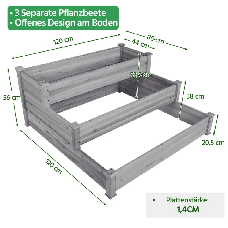 Yaheetech 3 Stufiges Hochbeet Holz Balkon Garten Kräuterbeet Frühbeet Gartenbeet Pflanzenbeet Stufenbeet Blumentreppe stapelbar 120 x 120 x 56cm Grau – Bild 2