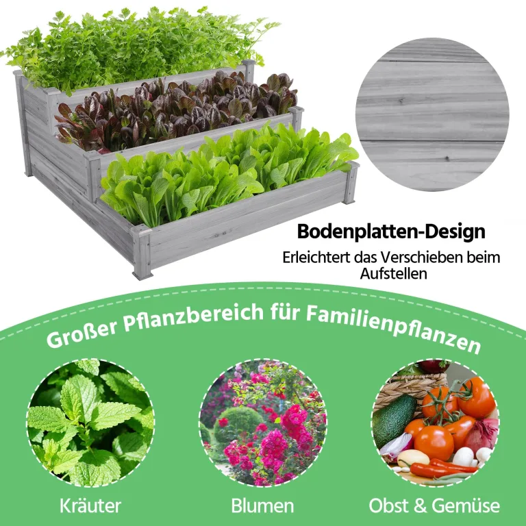 Yaheetech 3 Stufiges Hochbeet Holz Balkon Garten Kräuterbeet Frühbeet Gartenbeet Pflanzenbeet Stufenbeet Blumentreppe stapelbar 120 x 120 x 56cm Grau – Bild 8
