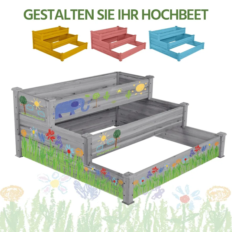 Yaheetech 3 Stufiges Hochbeet Holz Balkon Garten Kräuterbeet Frühbeet Gartenbeet Pflanzenbeet Stufenbeet Blumentreppe stapelbar 120 x 120 x 56cm Grau – Bild 9