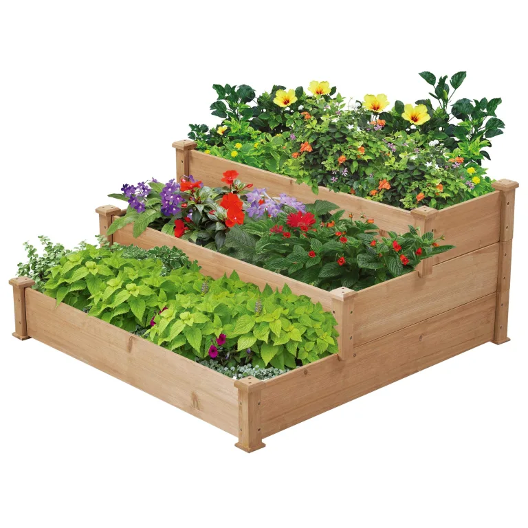 Yaheetech 3 Stufiges Hochbeet Holz Balkon Garten Kräuterbeet Frühbeet Gartenbeet Pflanzenbeet Stufenbeet Blumentreppe stapelbar 120 x 120 x 56cm Grau – Bild 10