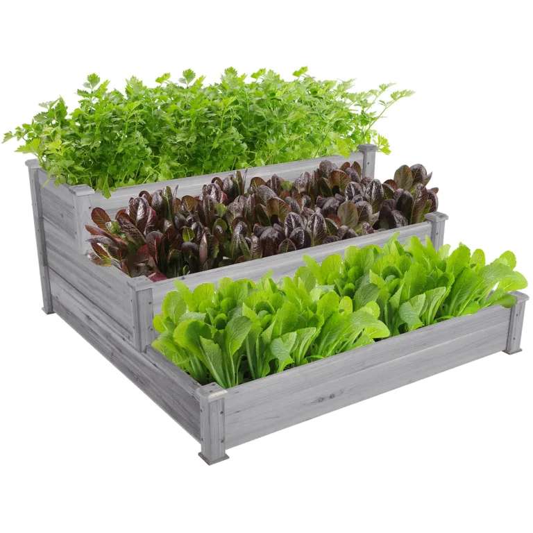 Yaheetech 3 Stufiges Hochbeet Holz Balkon Garten Kräuterbeet Frühbeet Gartenbeet Pflanzenbeet Stufenbeet Blumentreppe stapelbar 120 x 120 x 56cm Grau – Bild 1