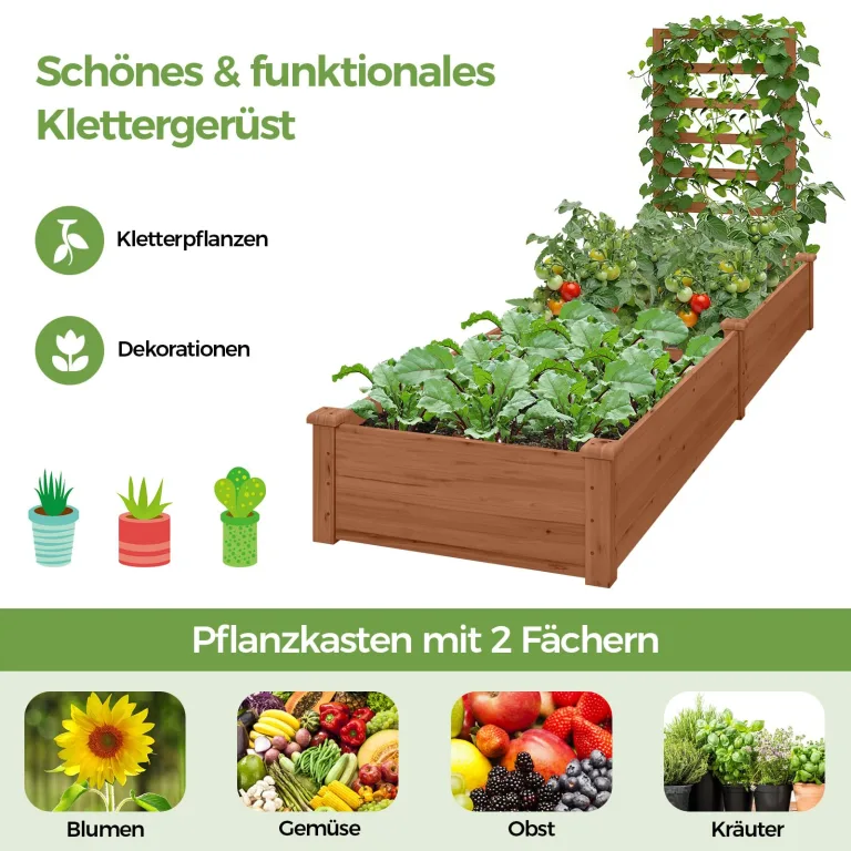 COSTWAY Hochbeet mit Rankgitter, Blumenkasten mit Spalier, Pflanzkasten Tannenholz, Gartenspalier mit Rankkasten, Blumenkübel für Kletterpflanze Balkon Garten Terrasse, 235x63x102 cm (Braun) – Bild 2