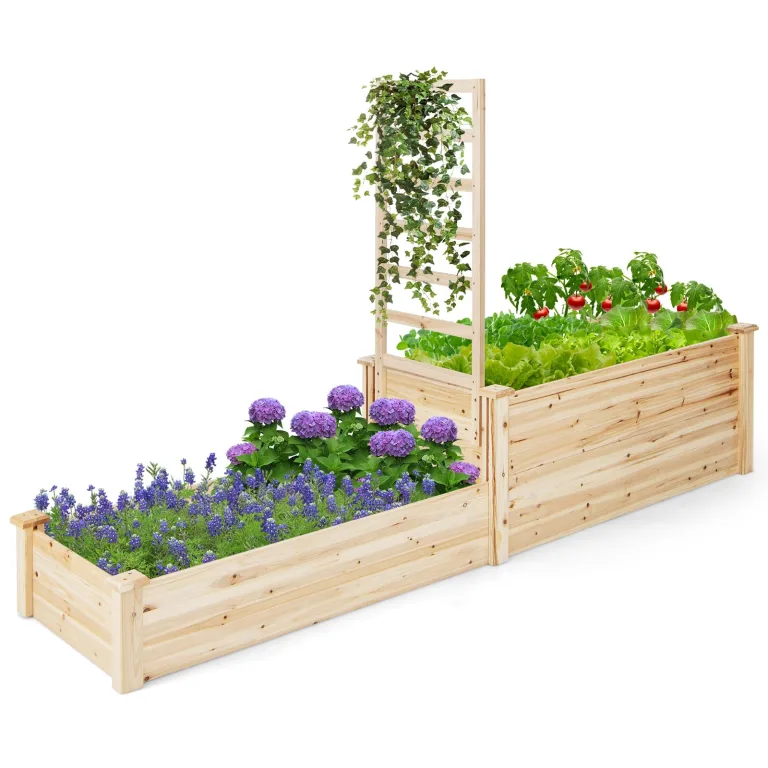 COSTWAY Hochbeet mit Rankgitter, Blumenkasten mit Spalier, Pflanzkasten Tannenholz, Gartenspalier mit Rankkasten, Blumenkübel für Kletterpflanze Balkon Garten Terrasse, 235x63x102 cm (Braun) – Bild 10