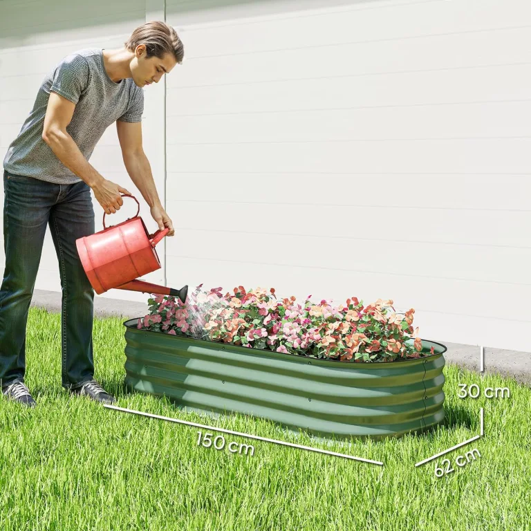 Outsunny Hochbeet Metall, Pflanzkasten, Gemüsebeet, DIY Blumenkasten mit offenem Boden, Kräuterbeet für Garten, Balkon, Grün 150 x 62 x 30 cm – Bild 7