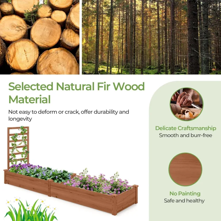 FANTASK Hochbeet mit Spalier, 235 x 63 x 102 cm, Gartenbeet Tannenholz mit Spalier für Kletterpflanze, Pflanzbeet mit Rankgitter, Blumenkübel für Balkon, Garten & Terrasse (Braun) – Bild 4