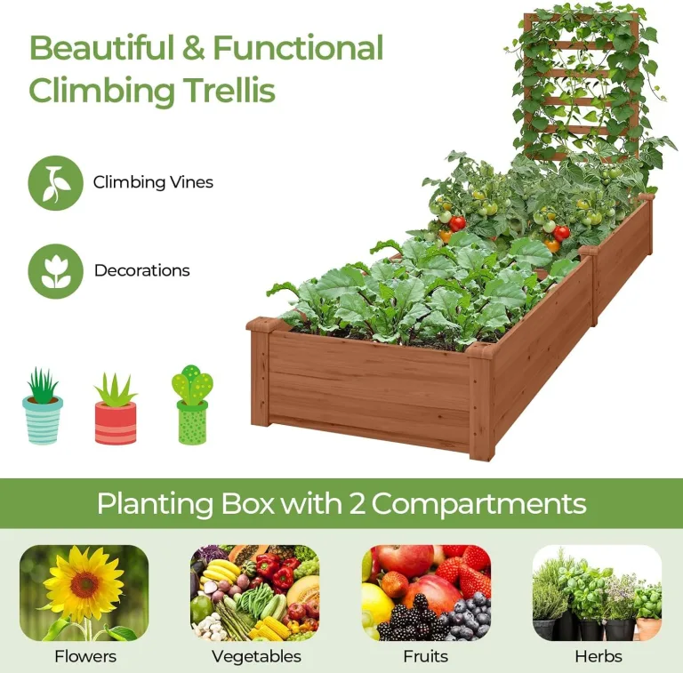 FANTASK Hochbeet mit Spalier, 235 x 63 x 102 cm, Gartenbeet Tannenholz mit Spalier für Kletterpflanze, Pflanzbeet mit Rankgitter, Blumenkübel für Balkon, Garten & Terrasse (Braun) – Bild 6