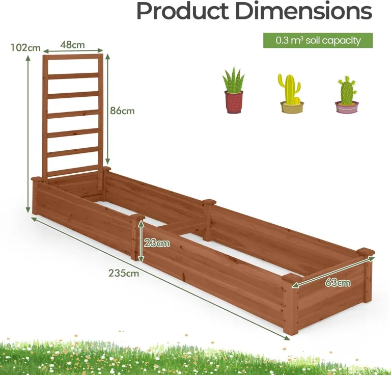 FANTASK Hochbeet mit Spalier, 235 x 63 x 102 cm, Gartenbeet Tannenholz mit Spalier für Kletterpflanze, Pflanzbeet mit Rankgitter, Blumenkübel für Balkon, Garten & Terrasse (Braun) – Bild 7