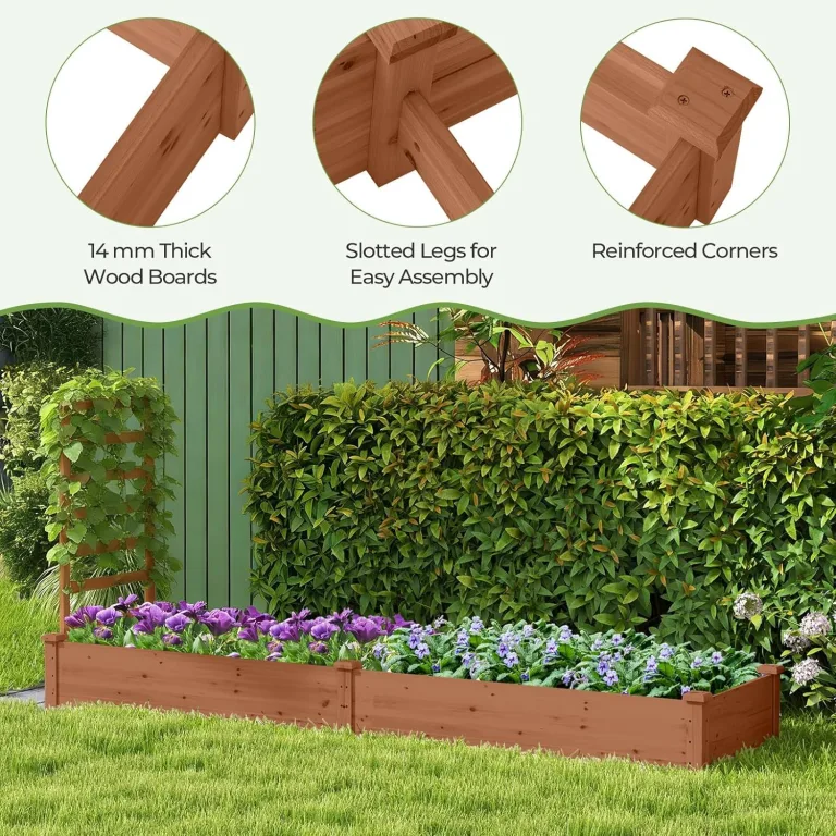 FANTASK Hochbeet mit Spalier, 235 x 63 x 102 cm, Gartenbeet Tannenholz mit Spalier für Kletterpflanze, Pflanzbeet mit Rankgitter, Blumenkübel für Balkon, Garten & Terrasse (Braun) – Bild 2