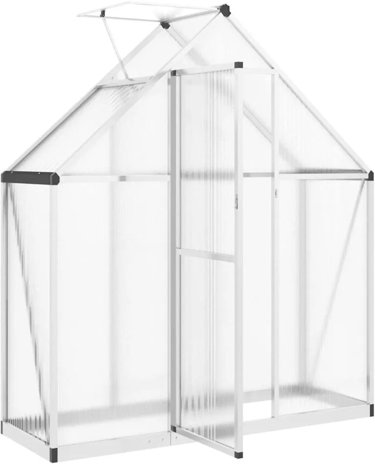 Gecheer Gewächshaus Aluminium Silbern 169x58x195cm UV-beständige Polycarbonatplatten Lüftungsfenster Flügeltür Fundamentrahmen für Hobby-Gartenbau – Bild 6