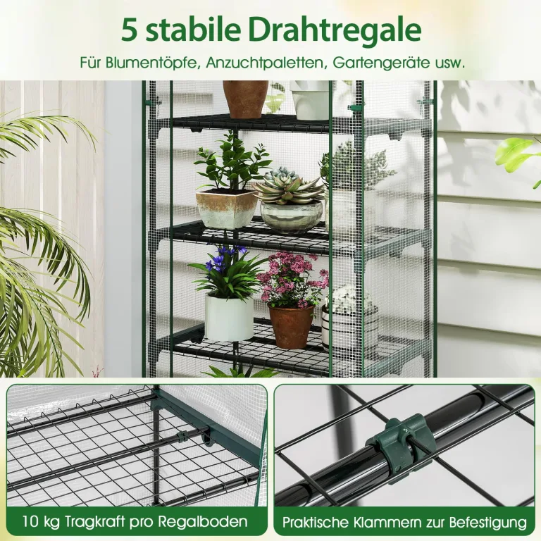 RELAX4LIFE Mini Gewächshaus, Foliengewächshaus mit 5 Regalen & Rolltür & Metallrahmen, Überwinterungszelt für Pflanzen, Tomatengewächshaus Winterfest für Garten, Terrasse, Balkon, 69 x 48 x 190 cm – Bild 4