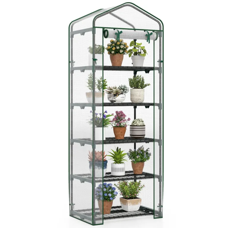 RELAX4LIFE Mini Gewächshaus, Foliengewächshaus mit 5 Regalen & Rolltür & Metallrahmen, Überwinterungszelt für Pflanzen, Tomatengewächshaus Winterfest für Garten, Terrasse, Balkon, 69 x 48 x 190 cm – Bild 1