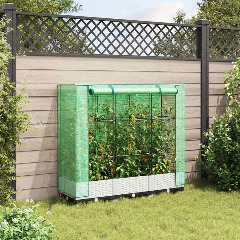 Hochbeet mit Gewächshaus-Aufsatz, Rattan-Optik, 120x40x123 cm, Polypropylen, für Garten, Terrasse und Balkon, weiß – Bild 3