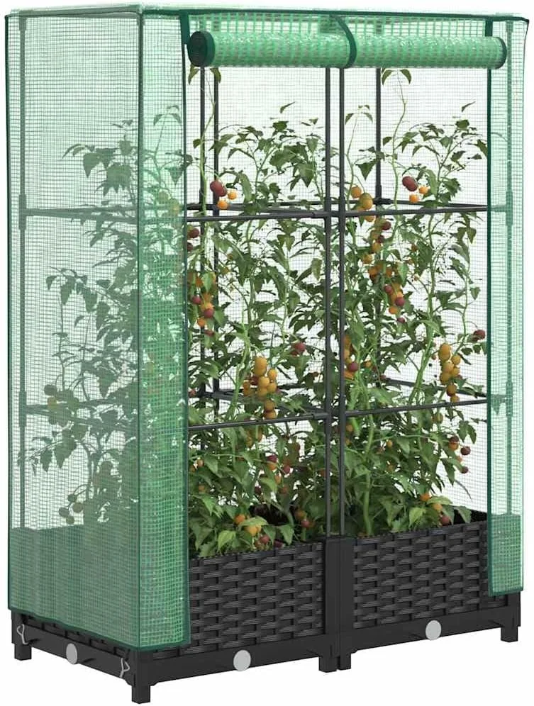 Hochbeet mit Gewächshaus-Aufsatz, Rattan-Optik Schwarz, 80x40x123 cm, Stabiler Eisenrahmen, Pflanzkasten für Garten & Balkon, Frühbeet mit PE-Abdeckung für optimales Wachstum
