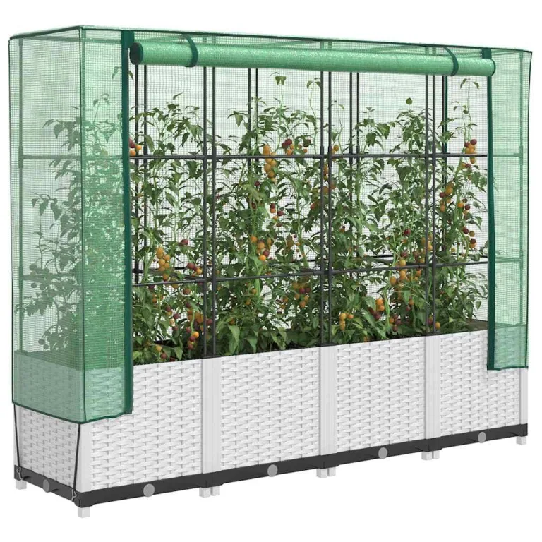 Hochbeet mit Gewächshaus-Aufsatz Rattan-Optik 160x40x138 cm, Weißer PP Pflanzkasten für Gartenbeet, robuste Hochbeete für Blumenbeet & Gartenbox zum Pflanzen Anbau & Schutz – Bild 1