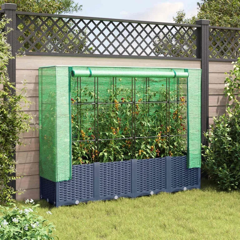 Hochbeet Rattanoptik Blaugrau, 160x40x138 cm, mit Eisenrohrrahmen und wasserfester PE-Gewächshausabdeckung, für Garten, Terrasse, Balkon, schützt Pflanzen, Gemüse, Kräuter – Bild 3