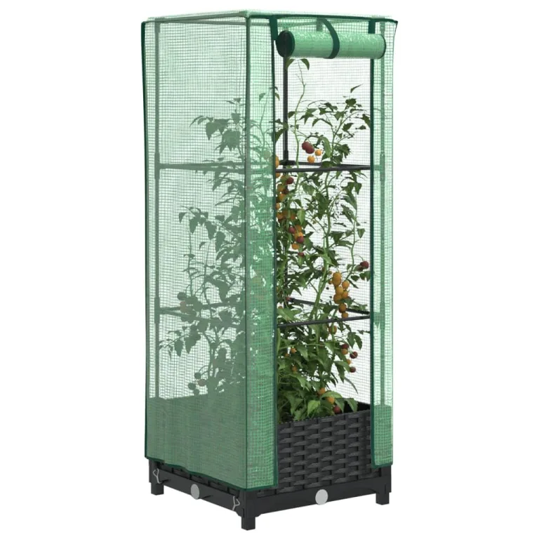 Hochbeet mit Gewächshaus-Aufsatz Rattan-Optik, Robuster Pflanzkasten Outdoor aus PP & Eisen, 40x40x123 cm Gartenbeet für Balkon & Terrasse, Frühbeet für Anzucht & Schutz – Bild 1