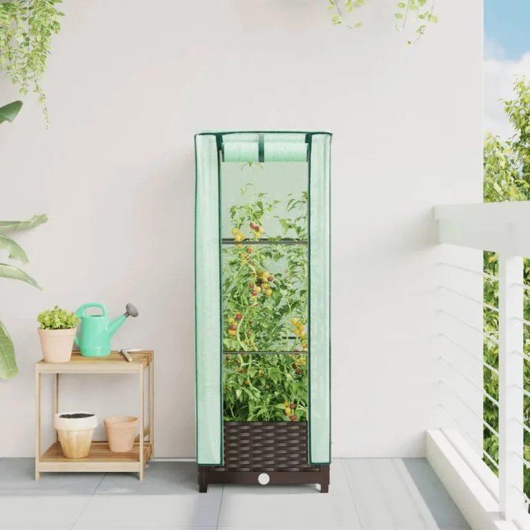 Hochbeet mit Gewächshaus-Aufsatz Rattan-Optik 40x40x123 cm, Pflanzkasten aus PP-Eisenrahmen für Pflanzen Gemüse Kräuter, Outdoor Garten Balkon, erhöhtes Gartenbeet – Bild 3