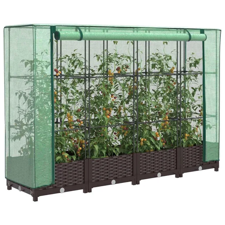 Hochbeet mit Gewächshaus-Aufsatz, Rattan-Optik, aus robustem PP und Eisenrahmen, 160x40x123 cm, Stabiler Pflanzkasten Outdoor für Pflanzen, Gemüse, Kräuter, Blumen – Bild 1