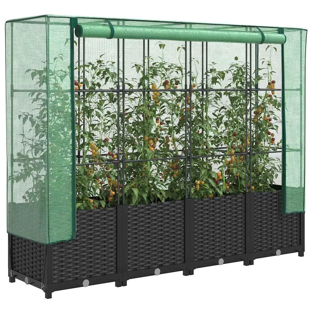 Hochbeet mit Gewächshausabdeckung, Rattanoptik, 160x40x138 cm, Stabiler Eisenrahmen, für Gemüse, Kräuter und Blumen im Garten