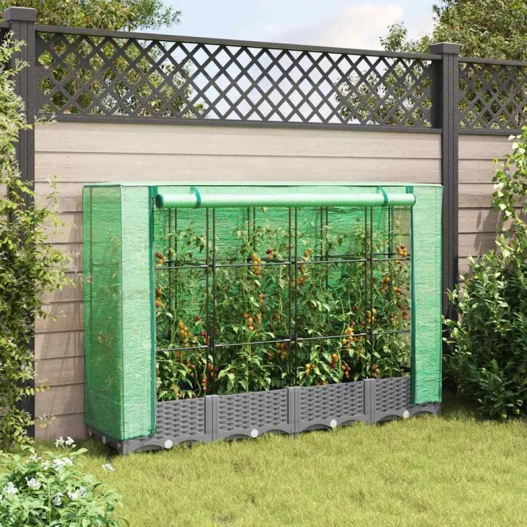 Hochbeet mit Gewächshaus-Aufsatz, Rattan-Optik Hellgrau, 160x40x123 cm, Robustes Polypropylen, für Garten & Balkon, schützt Pflanzen effektiv – Bild 3