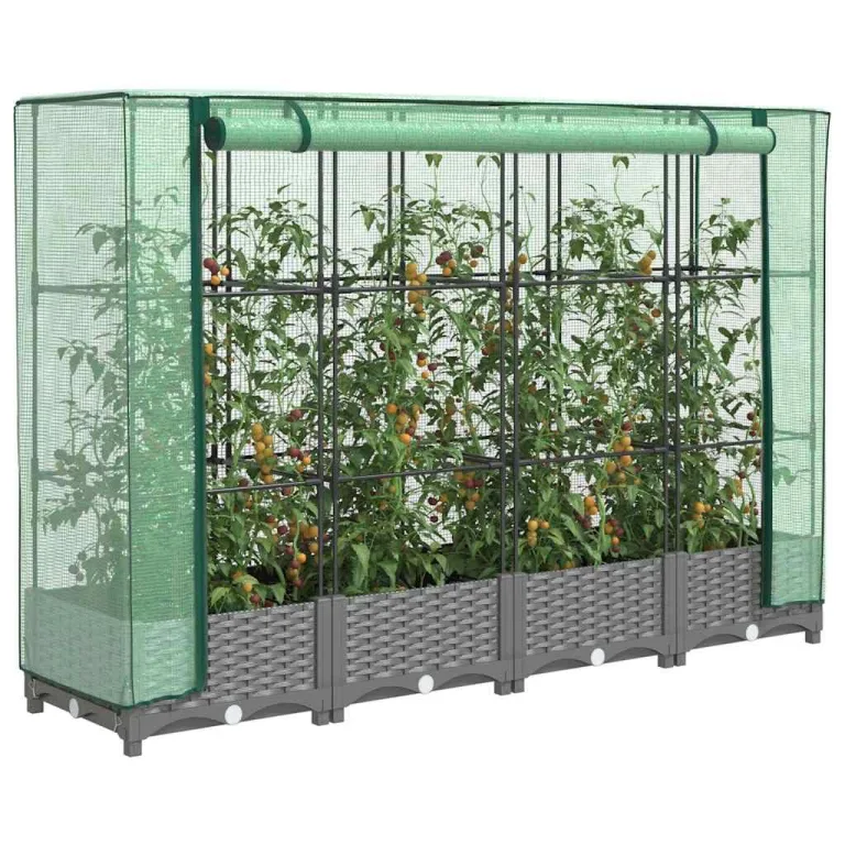 Hochbeet mit Gewächshaus-Aufsatz, Rattan-Optik Hellgrau, 160x40x123 cm, Robustes Polypropylen, für Garten & Balkon, schützt Pflanzen effektiv – Bild 1