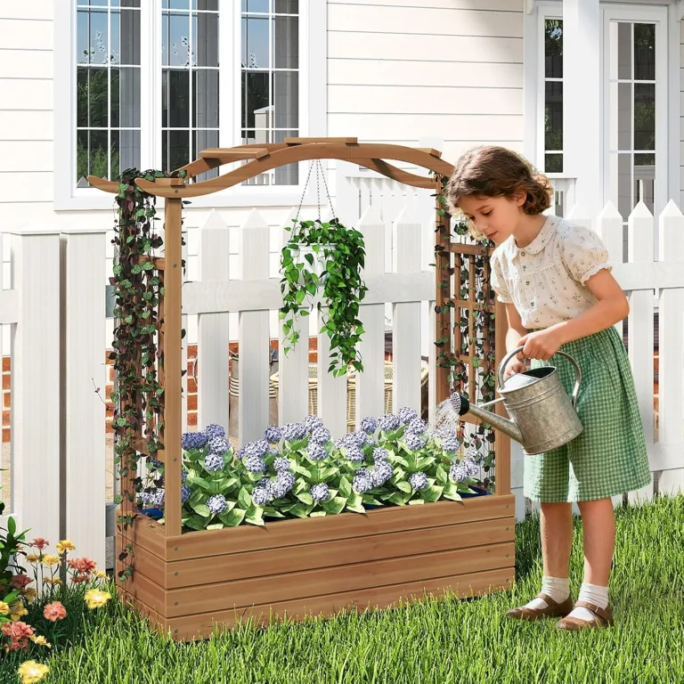 GOPLUS Hochbeet mit Rankgitter & Dekorbogen, Blumenkasten aus Holz mit Rankhilfe, Gartenbett für Blumen, Gemüse, Kräuter, Kletterpflanzen & hängende Körbe, Pflanzkasten für Garten, Hof & Balkon – Bild 2