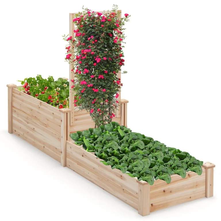 HOMASIS Blumenkasten mit Rankgitter, Hochbeet mit Spalier, Pflanzenkasten Holz, Blumenbeet mit Rankhilfer, Gartenspalier für Kletterpflanzen, Rankkasten für Balkon Garten (Braun, 235x63x102cm) – Bild 9