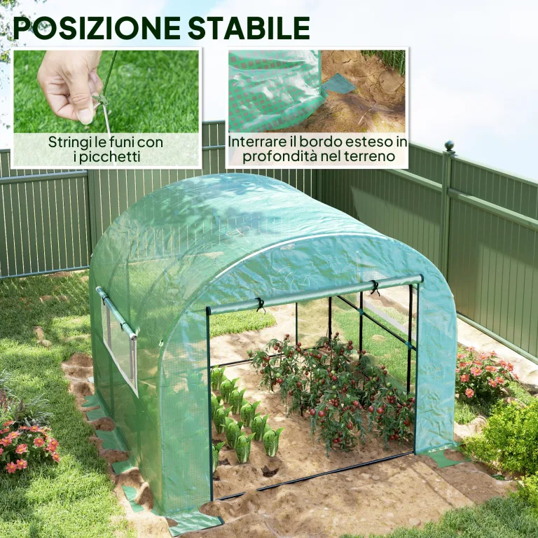 Outsunny Tunnel-Gewächshaus für den Garten, 3 x 3 x 2 m, mit aufrollbaren Türen und Fenstern, Gewächshaus für Gemüsegarten mit Struktur aus Stahl und PE-Abdeckung, für Gemüse, Blumen, Obst, UV-Schutz – Bild 6
