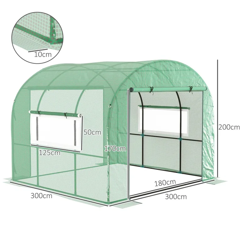 Outsunny Tunnel-Gewächshaus für den Garten, 3 x 3 x 2 m, mit aufrollbaren Türen und Fenstern, Gewächshaus für Gemüsegarten mit Struktur aus Stahl und PE-Abdeckung, für Gemüse, Blumen, Obst, UV-Schutz – Bild 7